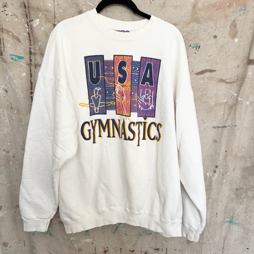 Reebok White USA Gymnastics Graphic Sweatshirt with Purple and Orange Accents